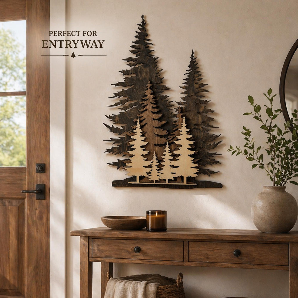 Layered pine tree decor, forest scene wall art, rustic cabin nature-inspired home design