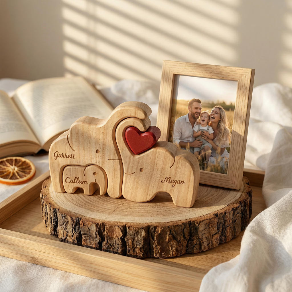 Personalized Elephant Family Wooden Puzzle | Custom Name Wood Animal Figurine | Fathers Day Gift | New Dad Keepsake Family Desk Decor