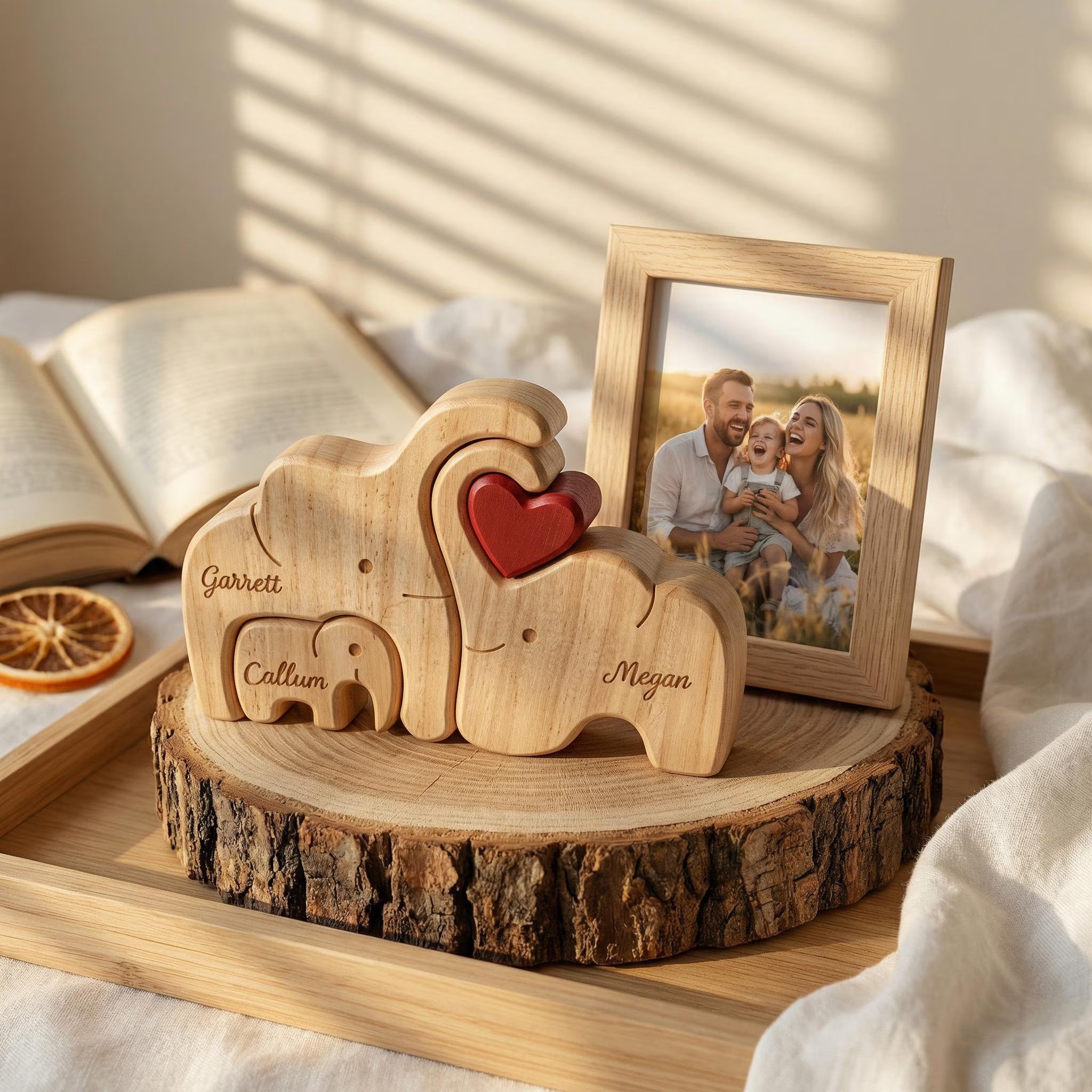 Personalized Elephant Family Wooden Puzzle | Custom Name Wood Animal Figurine | Fathers Day Gift | New Dad Keepsake Family Desk Decor