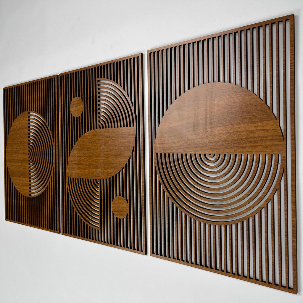 Abstract Boho Wood Wall Art, Bauhaus Inspired Geometric Design, Mid Century Modern Wall Decor, 3 Panel Wooden Set, Statement Home Gift