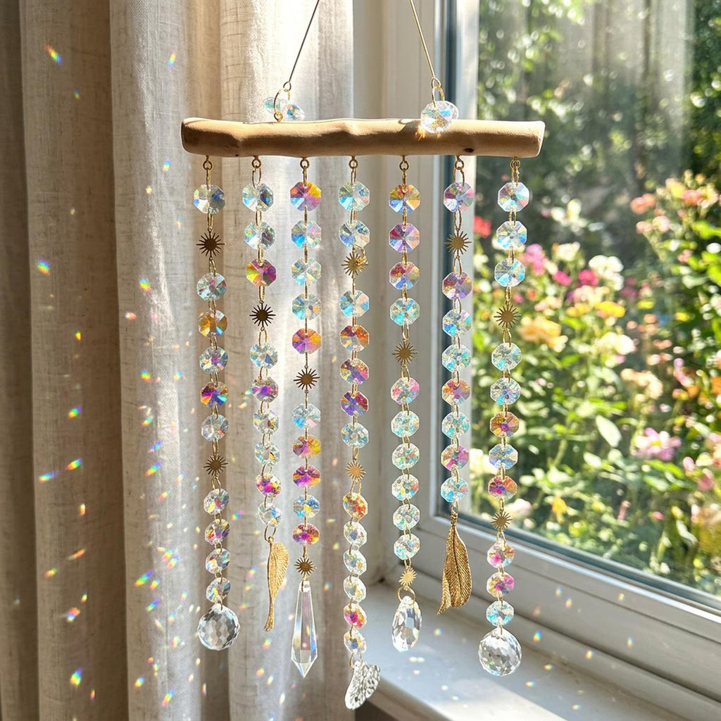 Boho Crystal Suncatcher: Wooden Branch Rainbow Prism Wall Hanging, Celestial Charm Window Decor