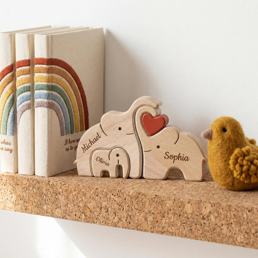 Personalized Elephant Family Wooden Puzzle | Custom Name Wood Animal Figurine | Fathers Day Gift | New Dad Keepsake Family Desk Decor