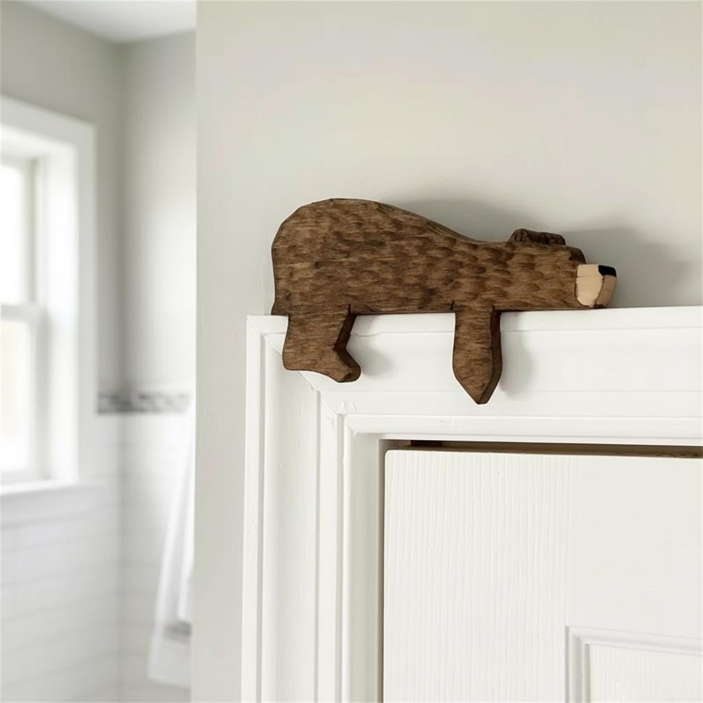 Rustic Wooden Bear Shelf Sitter, Woodland Bear Door Topper, Corner Accent Home Decoration