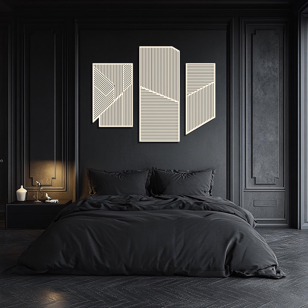 Geometric Lines Panel Set of 3 Wood Wall Art Decor, Boho Abstract Line Art, Minimalist Set, Living Room Decor, Above Bed Wall Art, Wood Set