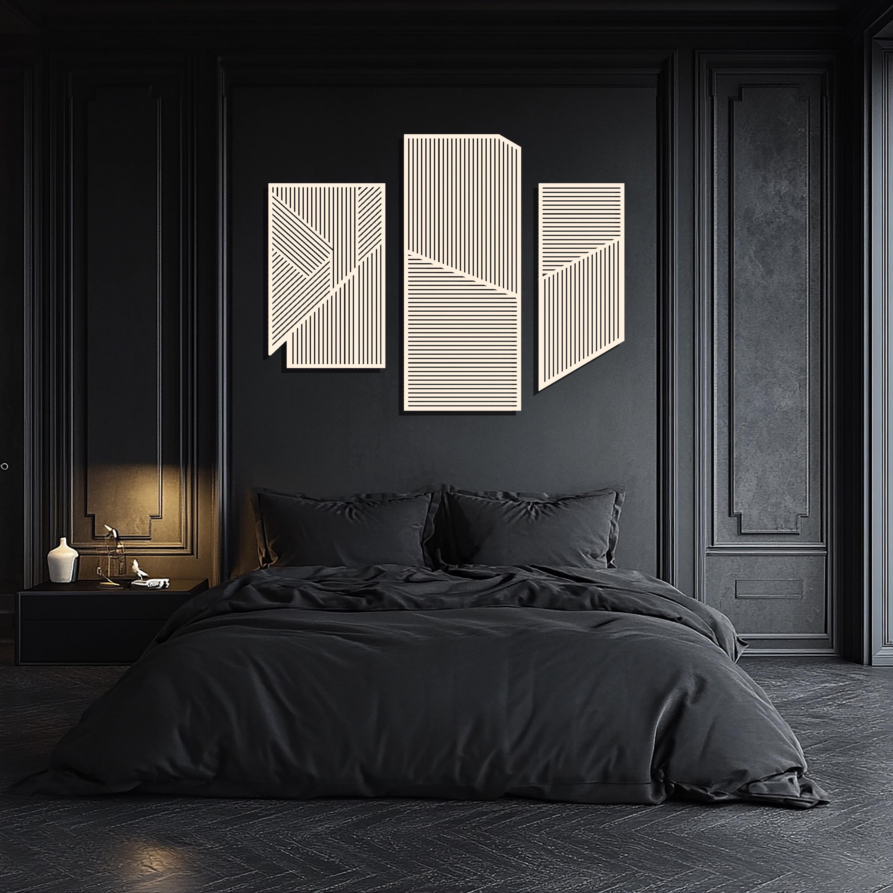 Geometric Lines Panel Set of 3 Wood Wall Art Decor, Boho Abstract Line Art, Minimalist Set, Living Room Decor, Above Bed Wall Art, Wood Set