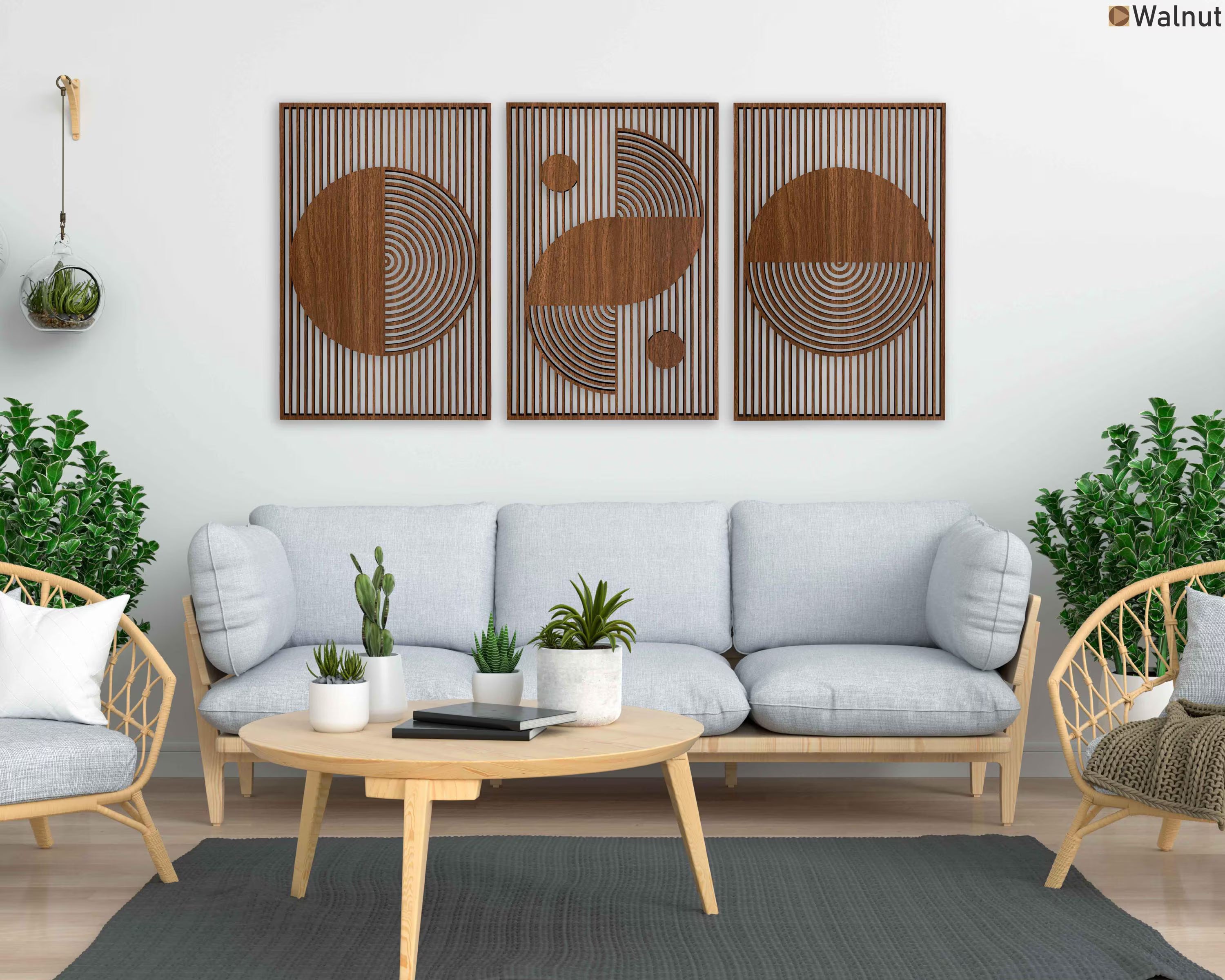 Abstract Boho Wood Wall Art, Bauhaus Inspired Geometric Design, Mid Century Modern Wall Decor, 3 Panel Wooden Set, Statement Home Gift