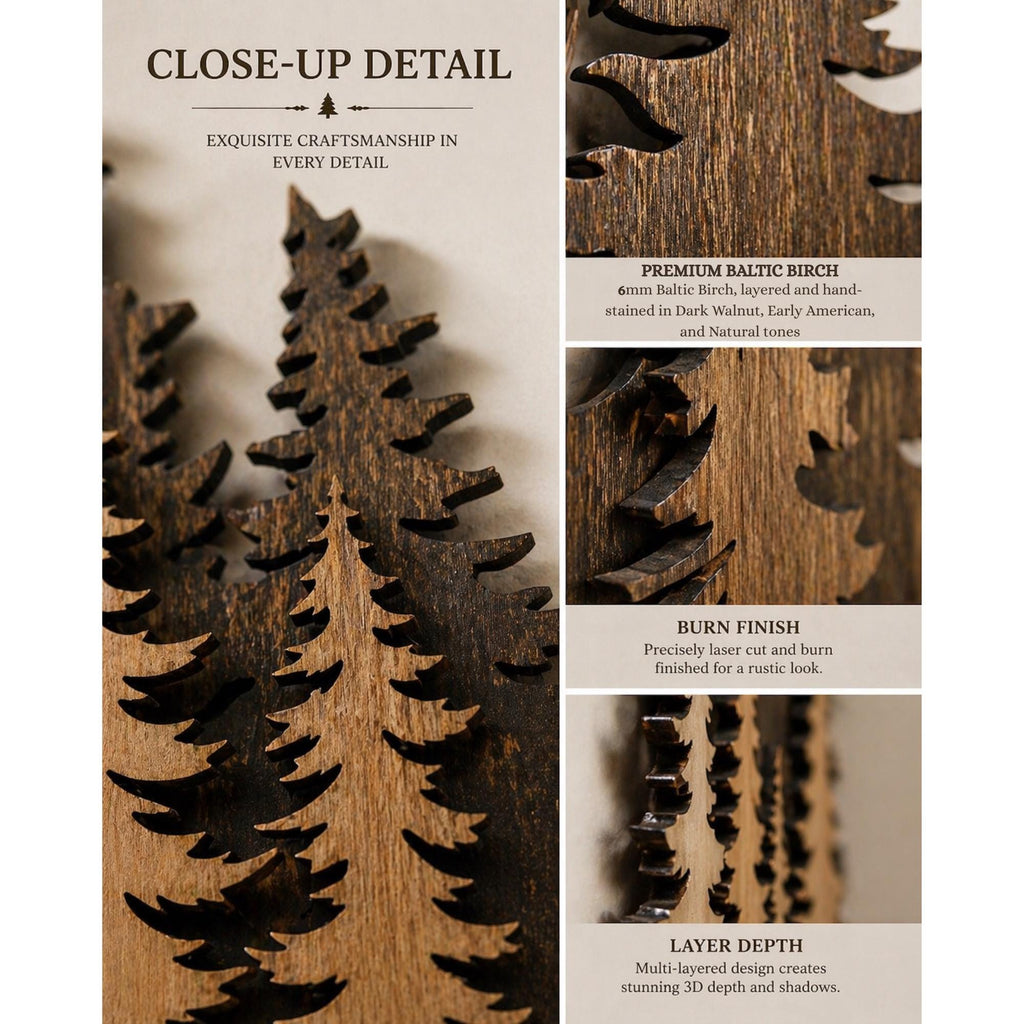 Layered pine tree decor, forest scene wall art, rustic cabin nature-inspired home design