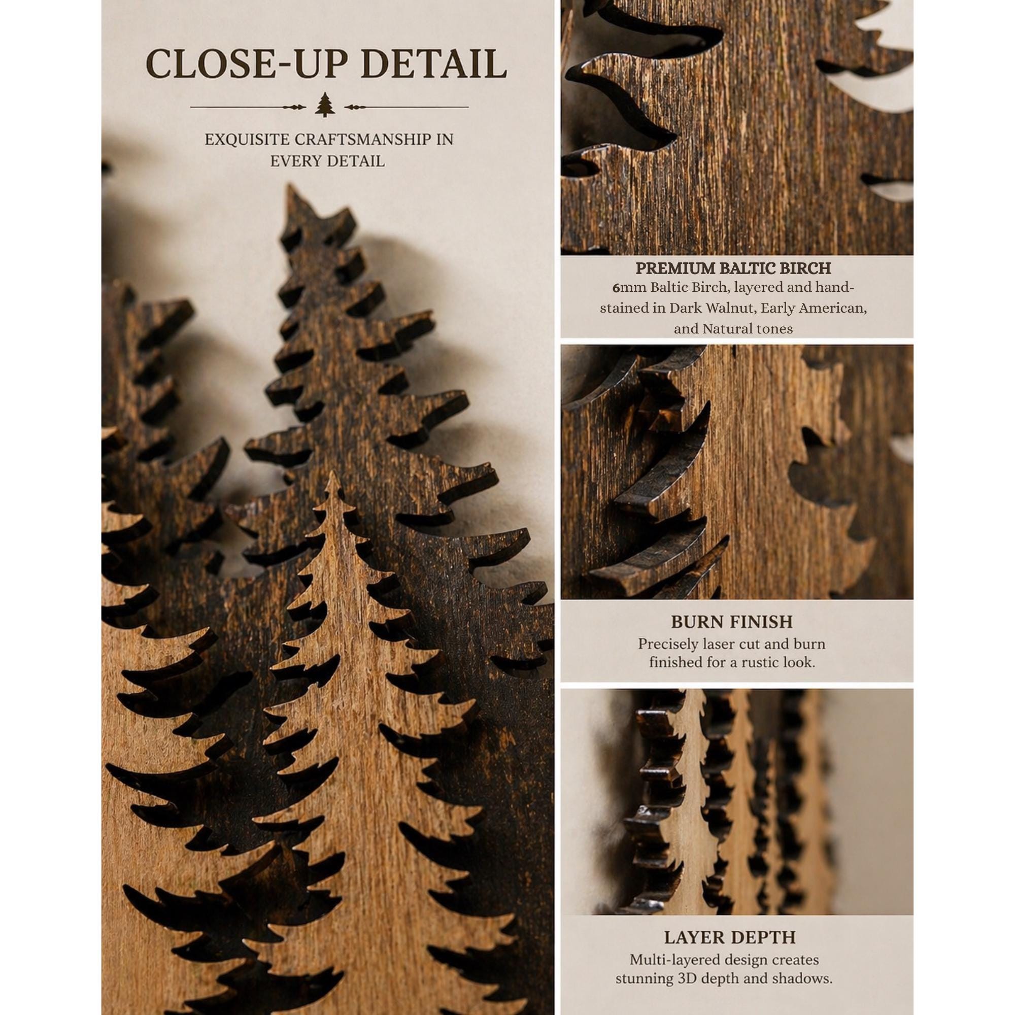 Layered pine tree decor, forest scene wall art, rustic cabin nature-inspired home design