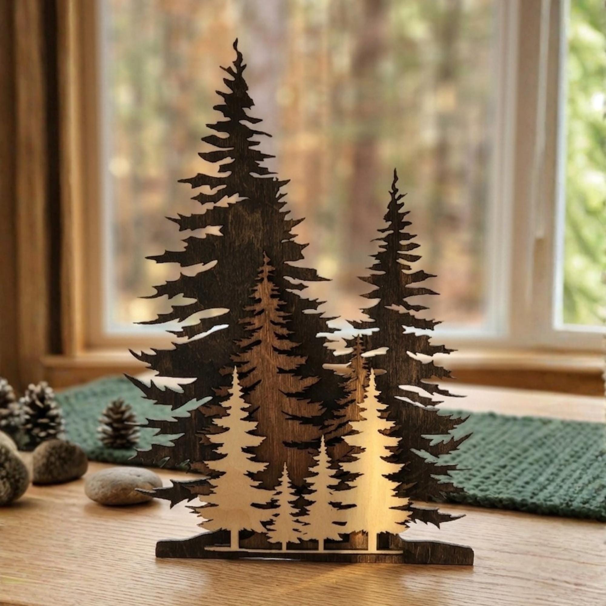 Layered pine tree decor, forest scene wall art, rustic cabin nature-inspired home design