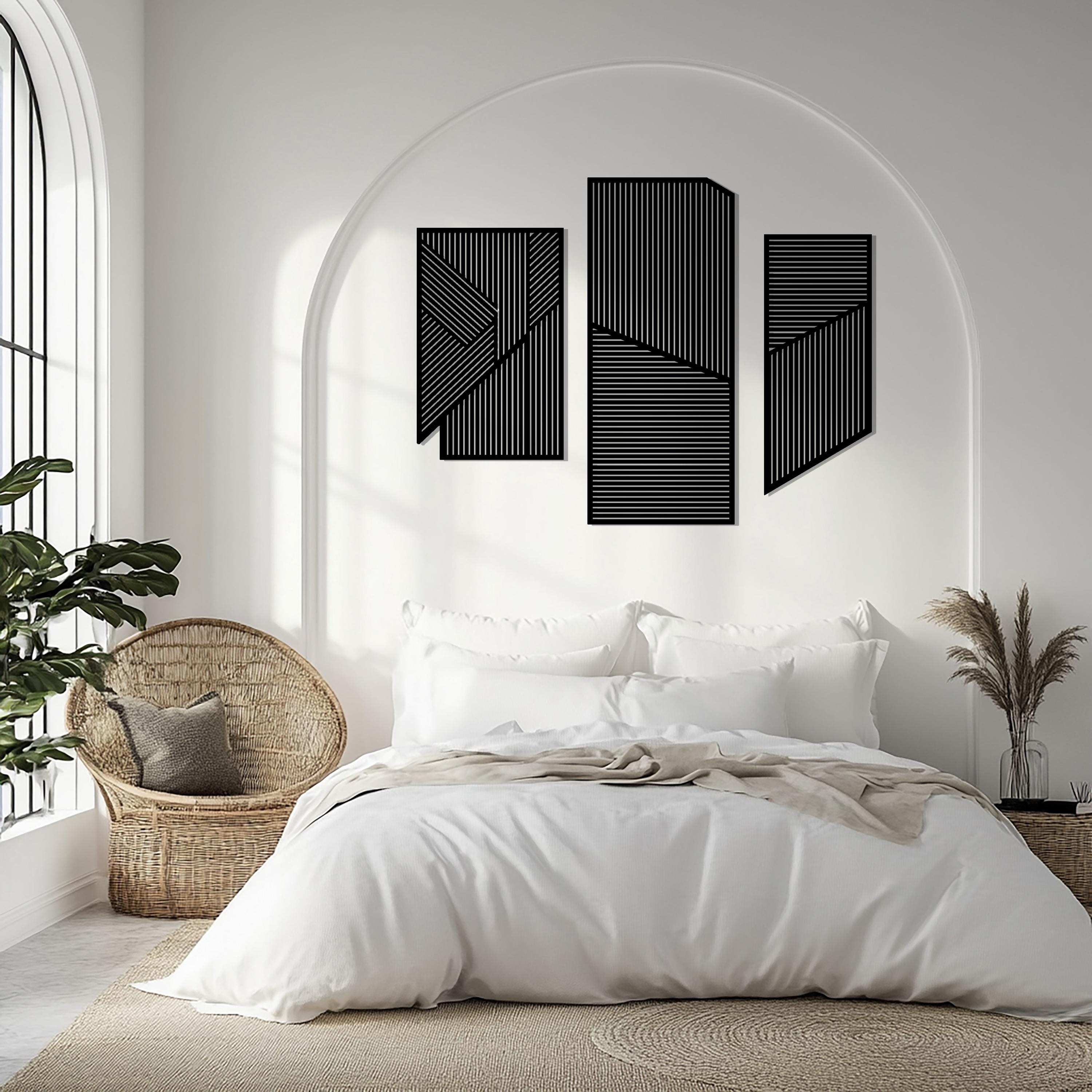 Geometric Lines Panel Set of 3 Wood Wall Art Decor, Boho Abstract Line Art, Minimalist Set, Living Room Decor, Above Bed Wall Art, Wood Set