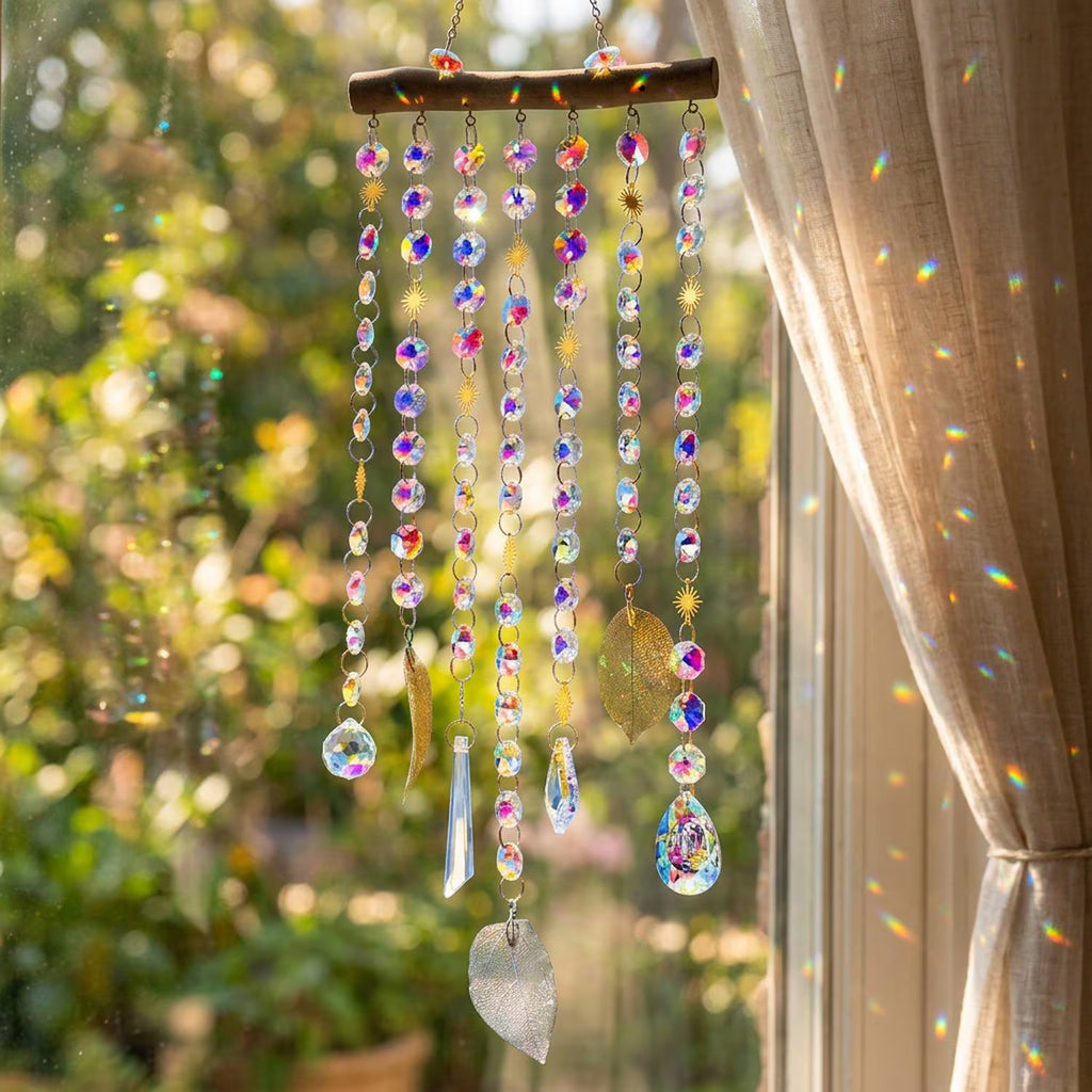 Boho Crystal Suncatcher: Wooden Branch Rainbow Prism Wall Hanging, Celestial Charm Window Decor