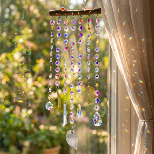 Boho Crystal Suncatcher: Wooden Branch Rainbow Prism Wall Hanging, Celestial Charm Window Decor