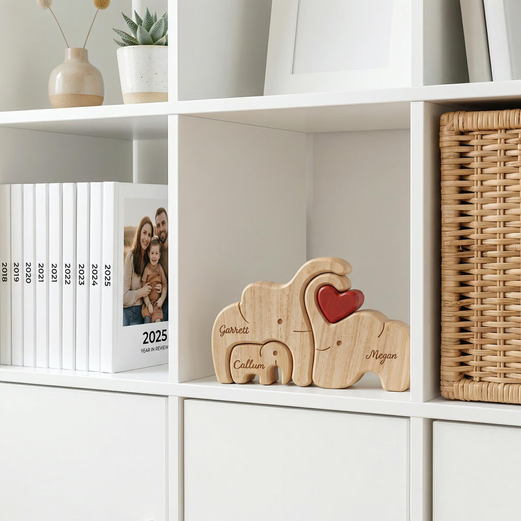 Personalized Elephant Family Wooden Puzzle | Custom Name Wood Animal Figurine | Fathers Day Gift | New Dad Keepsake Family Desk Decor