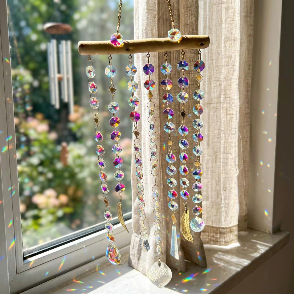 Boho Crystal Suncatcher: Wooden Branch Rainbow Prism Wall Hanging, Celestial Charm Window Decor