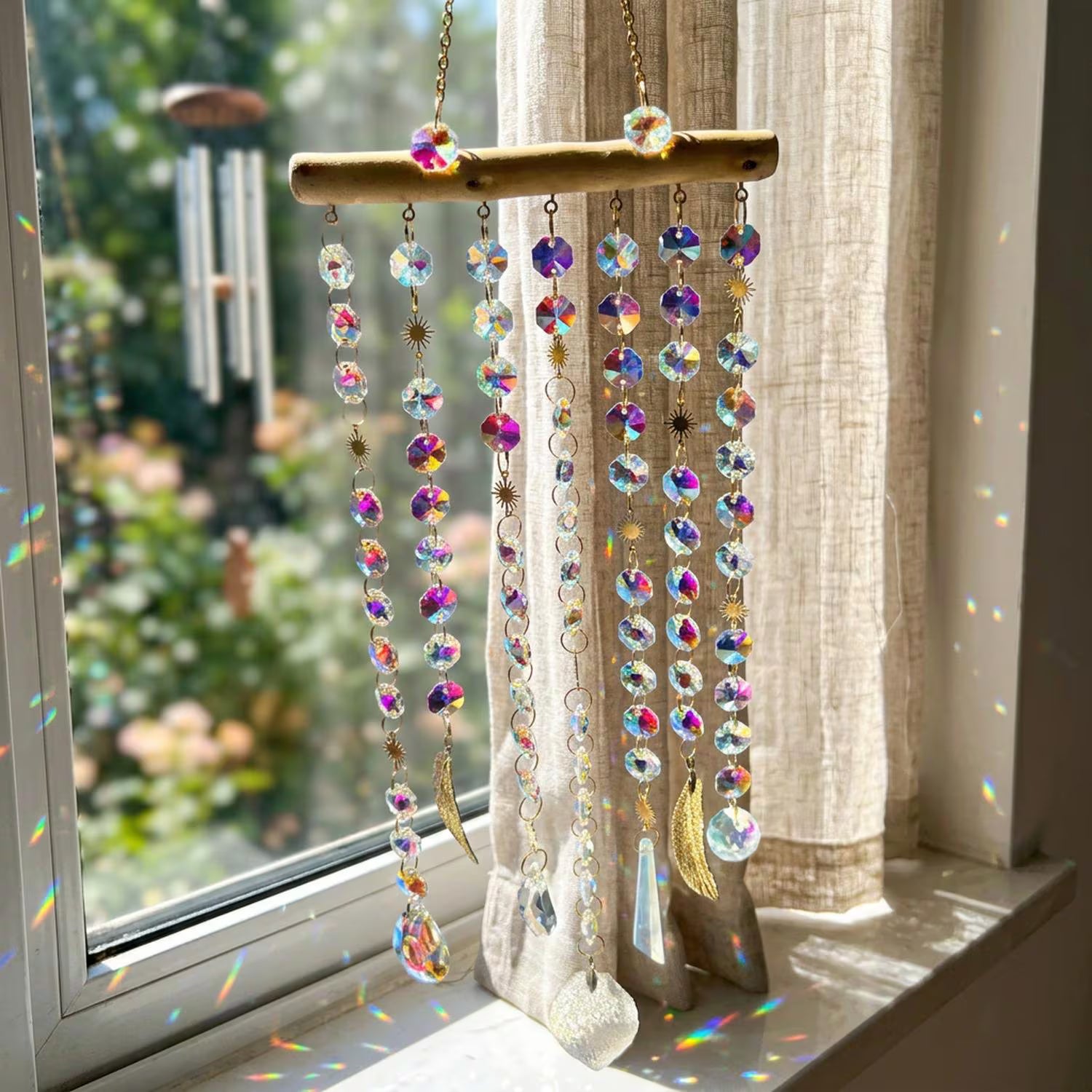 Boho Crystal Suncatcher: Wooden Branch Rainbow Prism Wall Hanging, Celestial Charm Window Decor