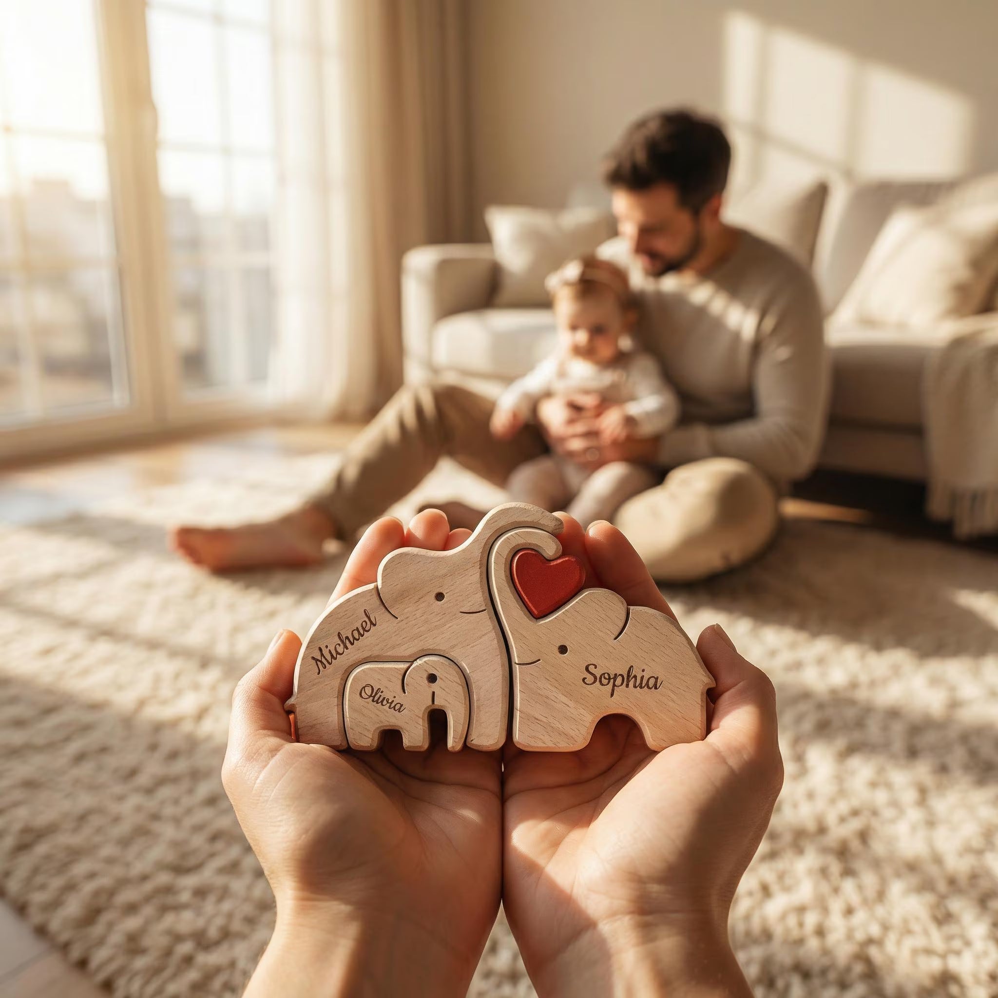 Personalized Elephant Family Wooden Puzzle | Custom Name Wood Animal Figurine | Fathers Day Gift | New Dad Keepsake Family Desk Decor