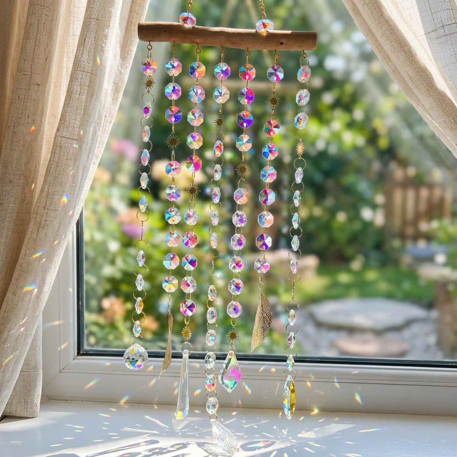 Boho Crystal Suncatcher: Wooden Branch Rainbow Prism Wall Hanging, Celestial Charm Window Decor