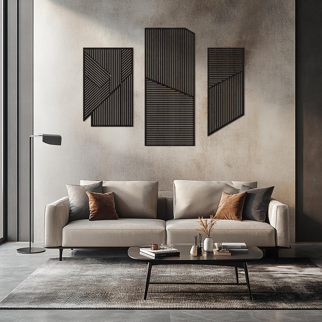 Geometric Lines Panel Set of 3 Wood Wall Art Decor, Boho Abstract Line Art, Minimalist Set, Living Room Decor, Above Bed Wall Art, Wood Set
