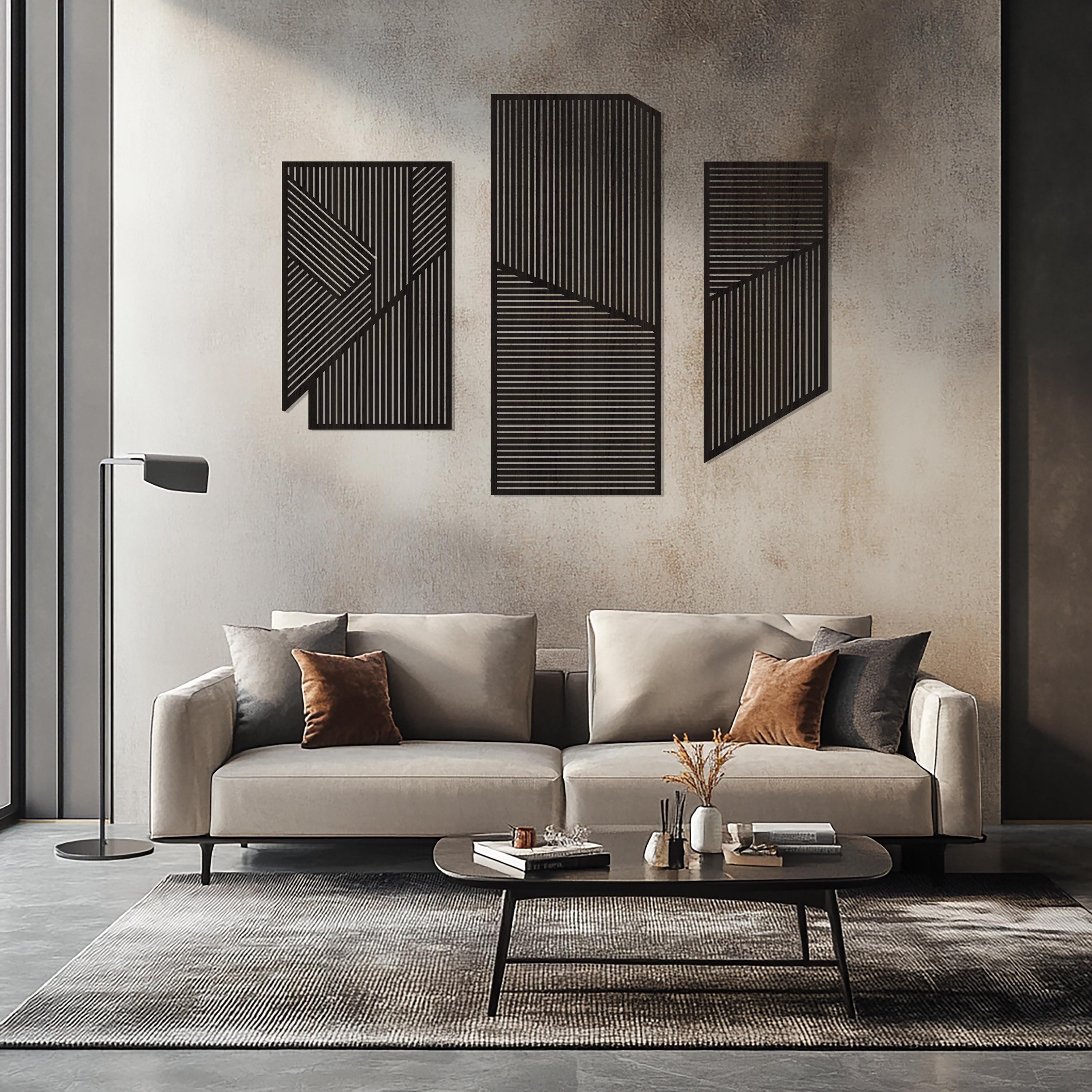 Geometric Lines Panel Set of 3 Wood Wall Art Decor, Boho Abstract Line Art, Minimalist Set, Living Room Decor, Above Bed Wall Art, Wood Set