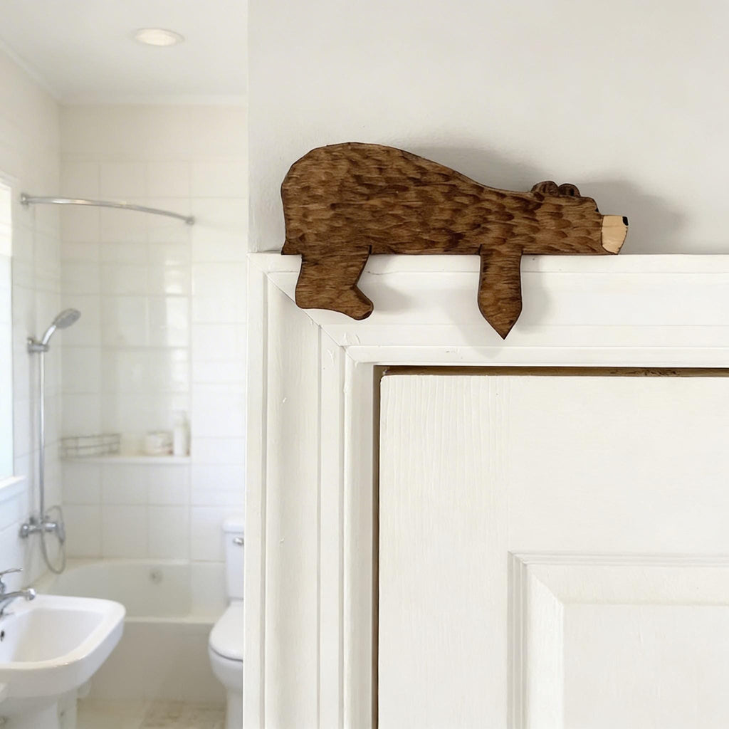 Rustic Wooden Bear Shelf Sitter, Woodland Bear Door Topper, Corner Accent Home Decoration