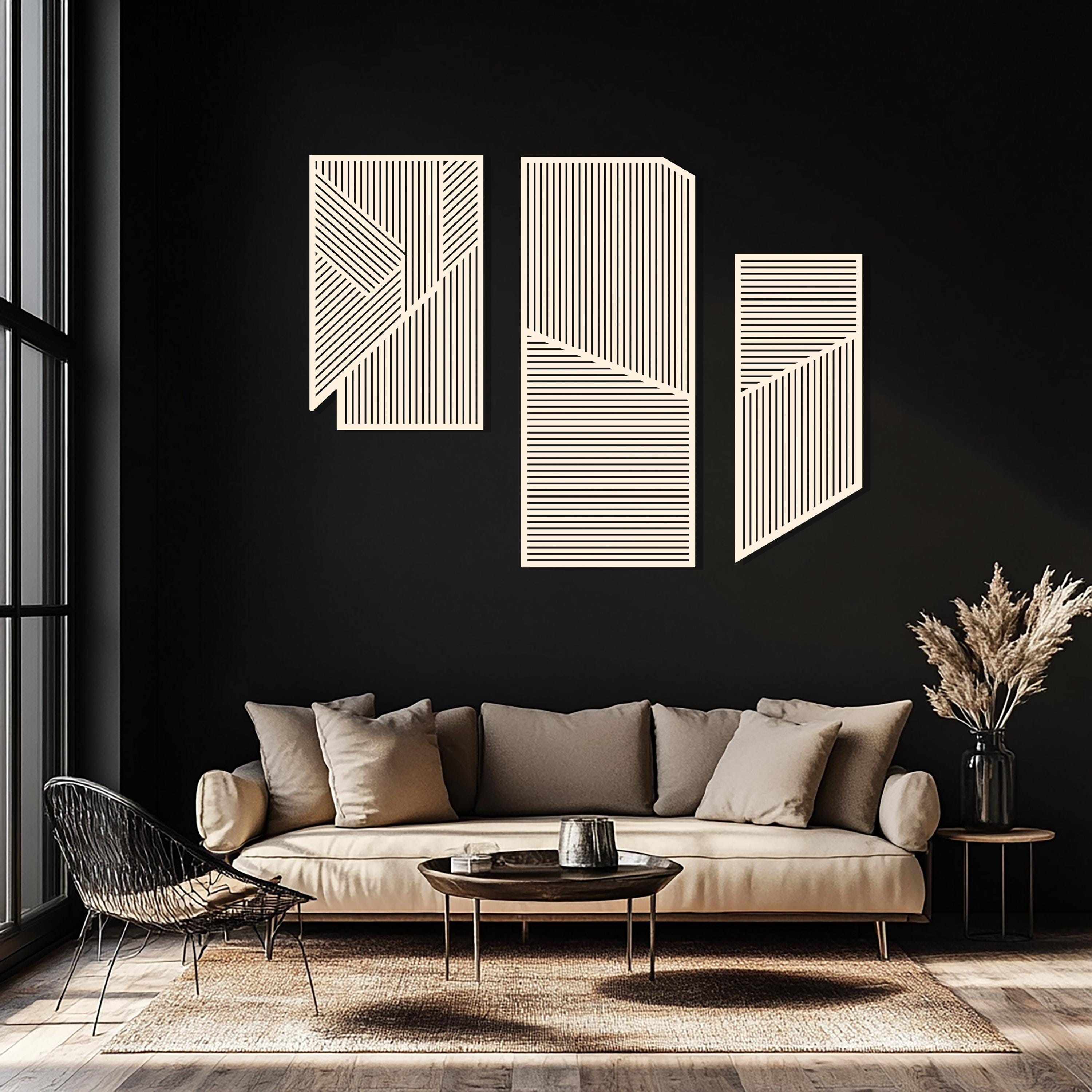 Geometric Lines Panel Set of 3 Wood Wall Art Decor, Boho Abstract Line Art, Minimalist Set, Living Room Decor, Above Bed Wall Art, Wood Set