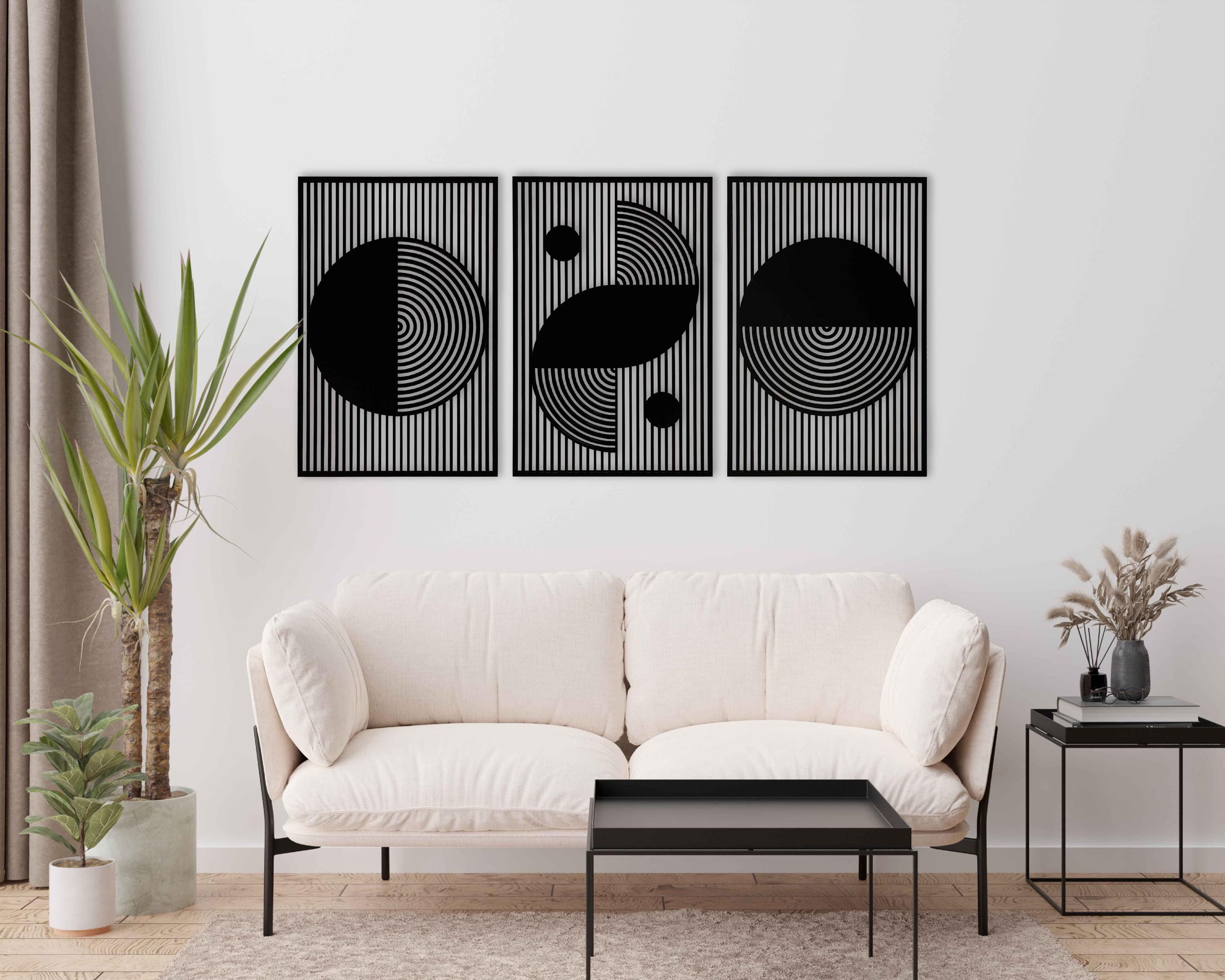 Abstract Boho Wood Wall Art, Bauhaus Inspired Geometric Design, Mid Century Modern Wall Decor, 3 Panel Wooden Set, Statement Home Gift