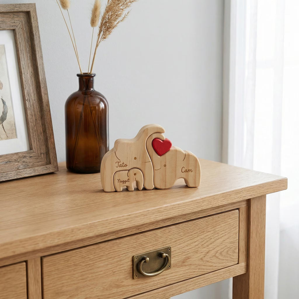 Personalized Elephant Family Wooden Puzzle | Custom Name Wood Animal Figurine | Fathers Day Gift | New Dad Keepsake Family Desk Decor