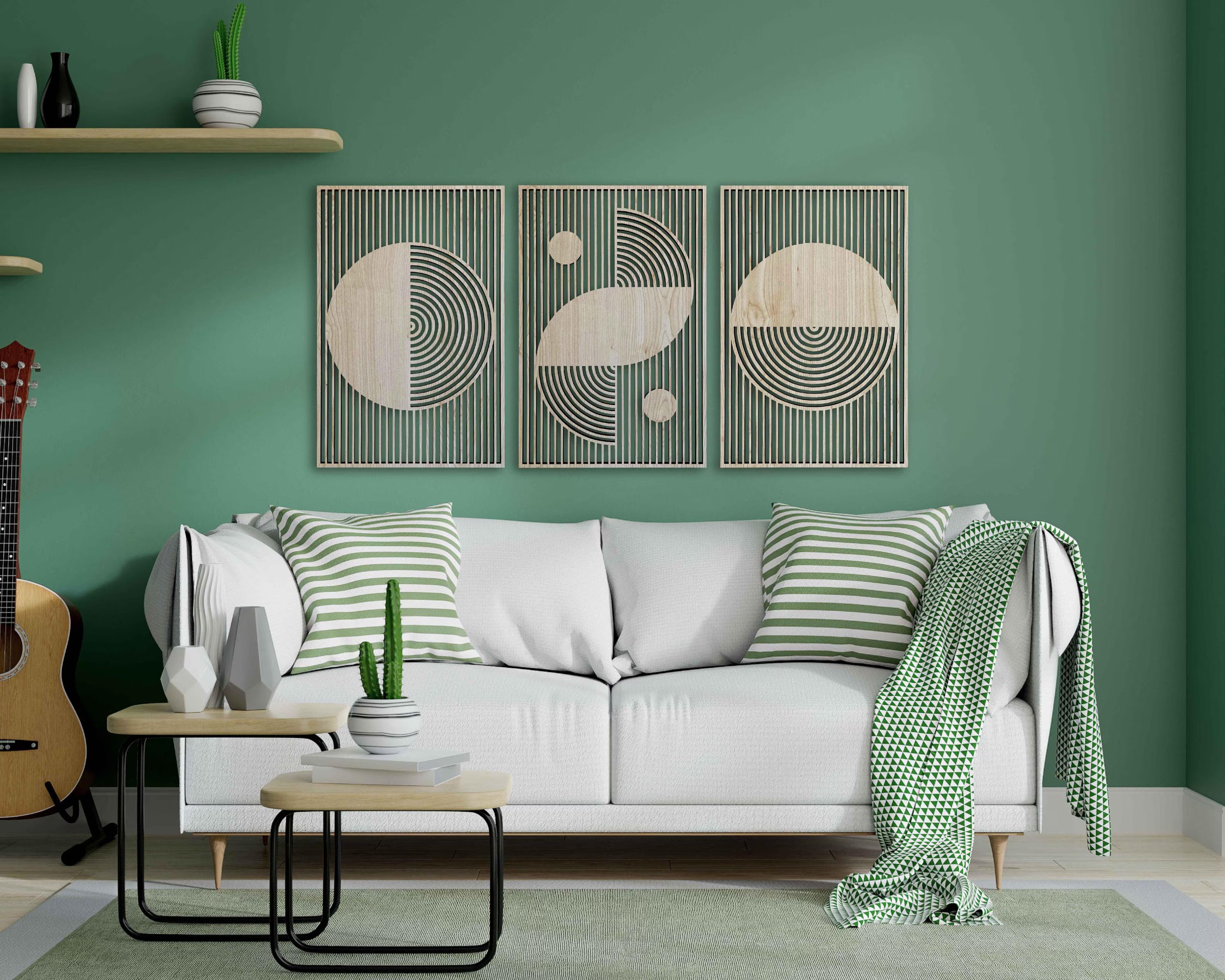 Abstract Boho Wood Wall Art, Bauhaus Inspired Geometric Design, Mid Century Modern Wall Decor, 3 Panel Wooden Set, Statement Home Gift