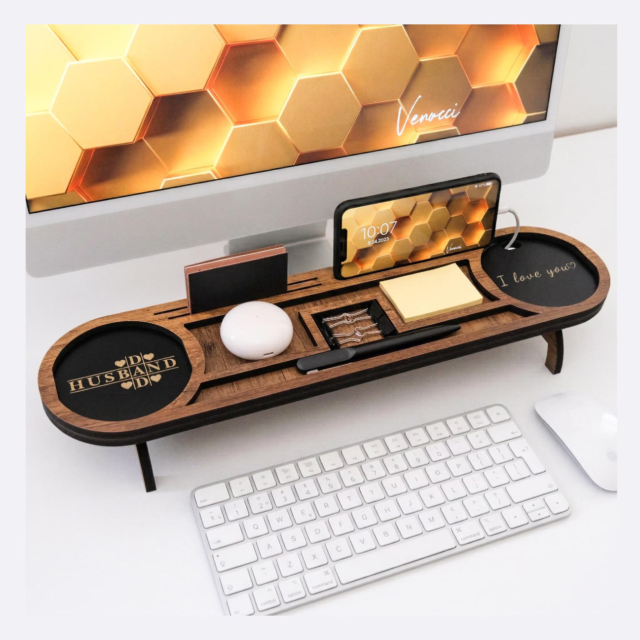 Personalized Wooden Office Desk Organizer I Phone Charging Stand I Fathers day gift for dad I Anniversary gift for him I Gifts for men